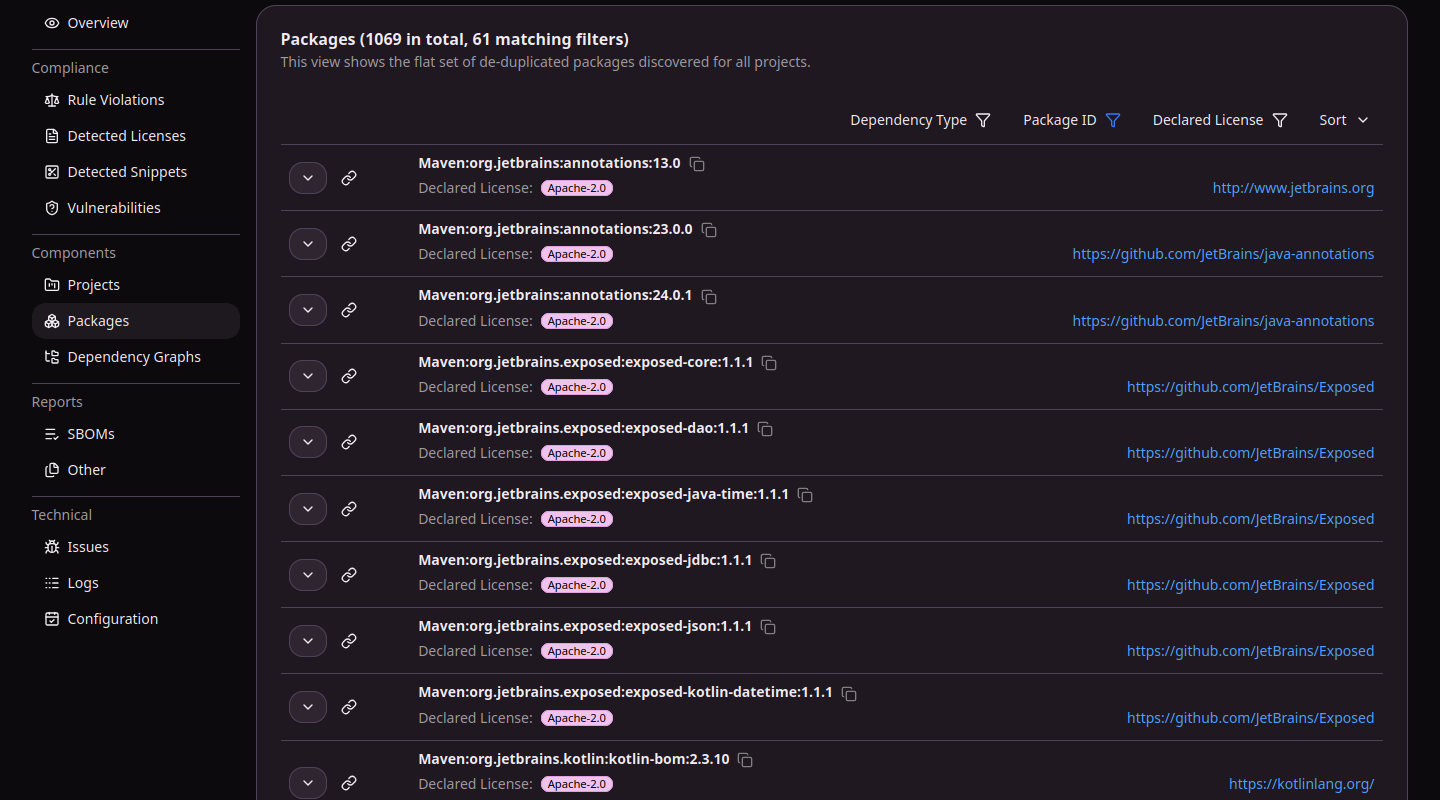 ORT Server web UI showing a filterable list of packages with their declared licenses and homepage links.