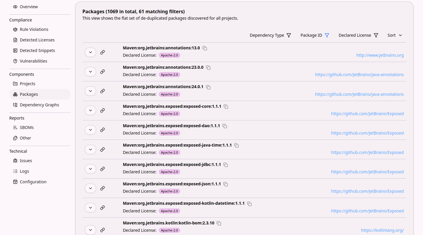 ORT Server web UI showing a filterable list of packages with their declared licenses and homepage links.
