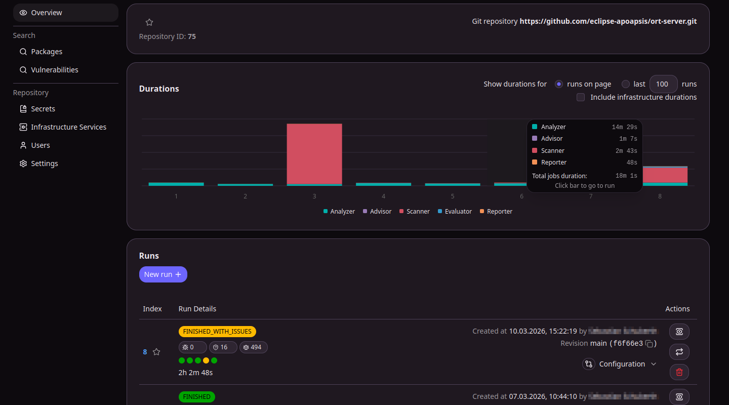 ORT Server web UI showing a repository with a stacked bar chart of run durations per pipeline stage and a list of runs with their status.