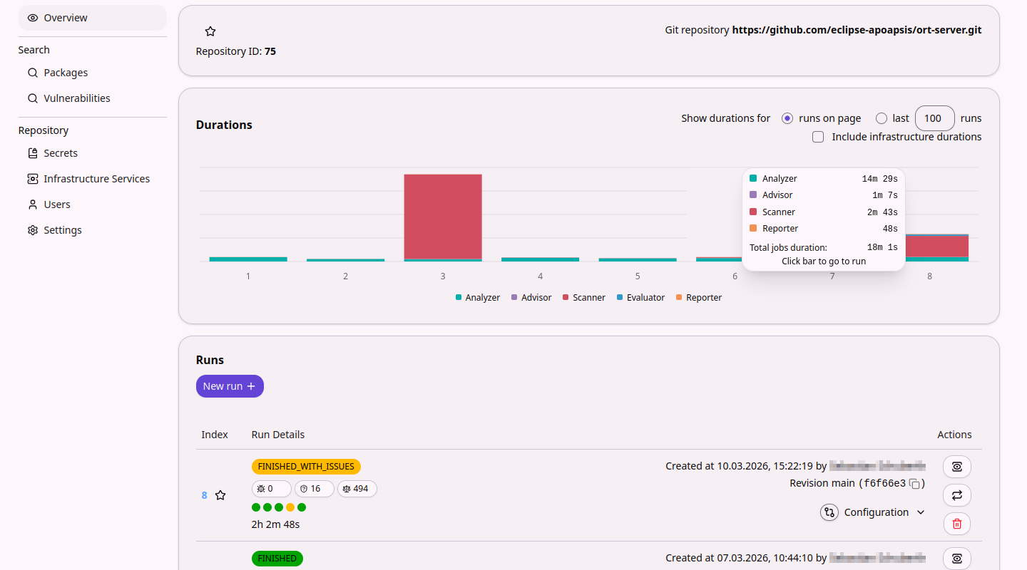 ORT Server web UI showing a repository with a stacked bar chart of run durations per pipeline stage and a list of runs with their status.