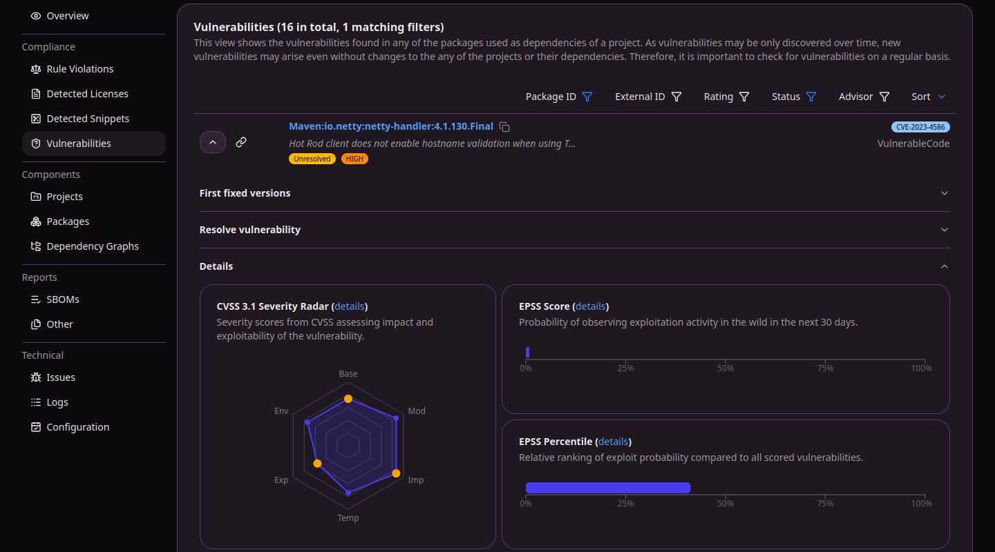 ORT Server web UI showing details of a vulnerability with a CVSS severity radar chart, the EPSS score and the EPSS percentile.