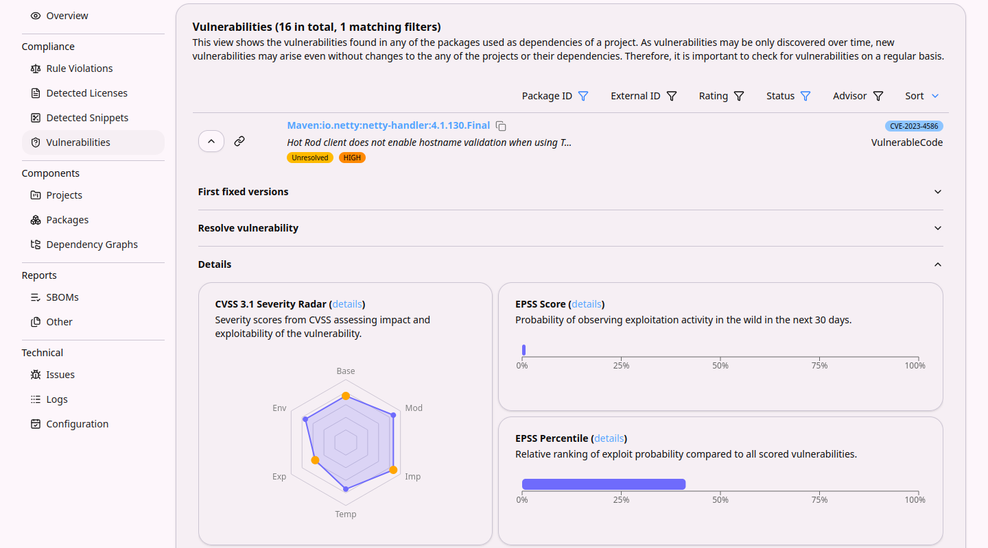 ORT Server web UI showing details of a vulnerability with a CVSS severity radar chart, the EPSS score and the EPSS percentile.